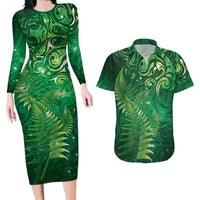 Matariki New Zealand Maori Silver Fern Couples Matching Long Sleeve Bodycon Dress and Hawaiian Shirt Galaxy Green Sky Style LT03 Green - Polynesian Pride