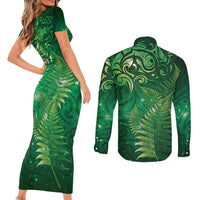 Matariki New Zealand Maori Silver Fern Couples Matching Short Sleeve Bodycon Dress and Long Sleeve Button Shirt Galaxy Green Sky Style