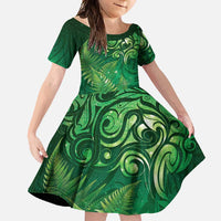 Matariki New Zealand Maori Silver Fern Family Matching Mermaid Dress and Hawaiian Shirt Galaxy Green Sky Style LT03 Daughter's Dress Green - Polynesian Pride