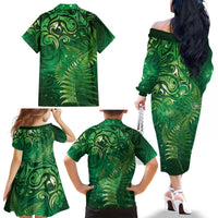 Matariki New Zealand Maori Silver Fern Family Matching Off The Shoulder Long Sleeve Dress and Hawaiian Shirt Galaxy Green Sky Style