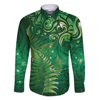 Matariki New Zealand Maori Silver Fern Family Matching Summer Maxi Dress and Hawaiian Shirt Galaxy Green Sky Style LT03 Dad's Shirt - Long Sleeve Green - Polynesian Pride