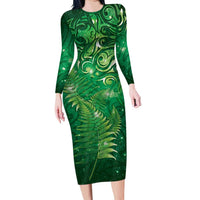 Matariki New Zealand Maori Silver Fern Long Sleeve Bodycon Dress Galaxy Green Sky Style