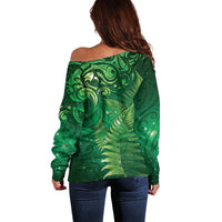 Matariki New Zealand Maori Silver Fern Off Shoulder Sweater Galaxy Green Sky Style LT03 - Polynesian Pride
