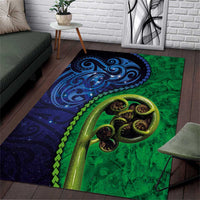 New Zealand Matariki Fern Frond Koru Area Rug with Galaxy Blue Sky and Green Paua Shell Art LT03 Blue - Polynesian Pride