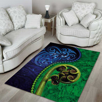 New Zealand Matariki Fern Frond Koru Area Rug with Galaxy Blue Sky and Green Paua Shell Art LT03 - Polynesian Pride