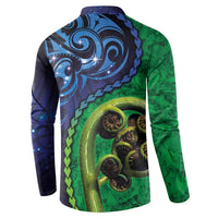 New Zealand Matariki Fern Frond Koru Button Sweatshirt with Galaxy Blue Sky and Green Paua Shell Art LT03 - Polynesian Pride