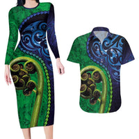 New Zealand Matariki Fern Frond Koru Couples Matching Long Sleeve Bodycon Dress and Hawaiian Shirt with Galaxy Blue Sky and Green Paua Shell Art LT03 Blue - Polynesian Pride