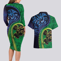 New Zealand Matariki Fern Frond Koru Couples Matching Long Sleeve Bodycon Dress and Hawaiian Shirt with Galaxy Blue Sky and Green Paua Shell Art LT03 - Polynesian Pride