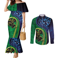 New Zealand Matariki Fern Frond Koru Couples Matching Mermaid Dress and Long Sleeve Button Shirt with Galaxy Blue Sky and Green Paua Shell Art LT03 Blue - Polynesian Pride