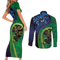 New Zealand Matariki Fern Frond Koru Couples Matching Short Sleeve Bodycon Dress and Long Sleeve Button Shirt with Galaxy Blue Sky and Green Paua Shell Art LT03 - Polynesian Pride