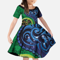 New Zealand Matariki Fern Frond Koru Family Matching Long Sleeve Bodycon Dress and Hawaiian Shirt with Galaxy Blue Sky and Green Paua Shell Art LT03 Daughter's Dress Blue - Polynesian Pride