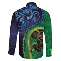 New Zealand Matariki Fern Frond Koru Family Matching Off Shoulder Maxi Dress and Hawaiian Shirt with Galaxy Blue Sky and Green Paua Shell Art LT03 - Polynesian Pride