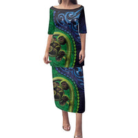 New Zealand Matariki Fern Frond Koru Family Matching Puletasi and Hawaiian Shirt with Galaxy Blue Sky and Green Paua Shell Art LT03 Mom's Dress Blue - Polynesian Pride