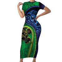 New Zealand Matariki Fern Frond Koru Family Matching Short Sleeve Bodycon Dress and Hawaiian Shirt with Galaxy Blue Sky and Green Paua Shell Art LT03 Mom's Dress Blue - Polynesian Pride