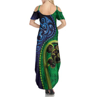 New Zealand Matariki Fern Frond Koru Family Matching Summer Maxi Dress and Hawaiian Shirt with Galaxy Blue Sky and Green Paua Shell Art LT03 - Polynesian Pride