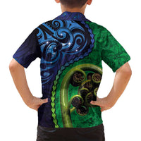 New Zealand Matariki Fern Frond Koru Family Matching Tank Maxi Dress and Hawaiian Shirt with Galaxy Blue Sky and Green Paua Shell Art LT03 - Polynesian Pride