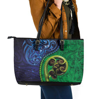 New Zealand Matariki Fern Frond Koru Leather Tote Bag with Galaxy Blue Sky and Green Paua Shell Art LT03 - Polynesian Pride