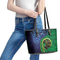 New Zealand Matariki Fern Frond Koru Leather Tote Bag with Galaxy Blue Sky and Green Paua Shell Art LT03 - Polynesian Pride