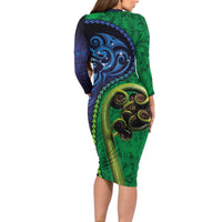 New Zealand Matariki Fern Frond Koru Long Sleeve Bodycon Dress with Galaxy Blue Sky and Green Paua Shell Art LT03 - Polynesian Pride