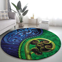 New Zealand Matariki Fern Frond Koru Round Carpet with Galaxy Blue Sky and Green Paua Shell Art LT03 - Polynesian Pride