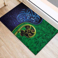 New Zealand Matariki Fern Frond Koru Rubber Doormat with Galaxy Blue Sky and Green Paua Shell Art LT03 - Polynesian Pride
