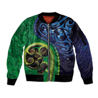 New Zealand Matariki Fern Frond Koru Sleeve Zip Bomber Jacket with Galaxy Blue Sky and Green Paua Shell Art LT03 Unisex Blue - Polynesian Pride