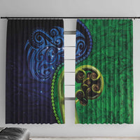 New Zealand Matariki Fern Frond Koru Window Curtain with Galaxy Blue Sky and Green Paua Shell Art LT03 With Hooks Blue - Polynesian Pride