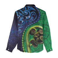 New Zealand Matariki Fern Frond Koru Women Casual Shirt with Galaxy Blue Sky and Green Paua Shell Art LT03 - Polynesian Pride