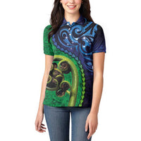 New Zealand Matariki Fern Frond Koru Women Polo Shirt with Galaxy Blue Sky and Green Paua Shell Art LT03 - Polynesian Pride