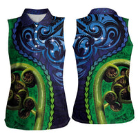 New Zealand Matariki Fern Frond Koru Women Sleeveless Polo Shirt with Galaxy Blue Sky and Green Paua Shell Art LT03 - Polynesian Pride