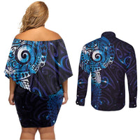 Matariki New Zealand Maori Koru Art Tattoo Couples Matching Off Shoulder Short Dress and Long Sleeve Button Shirt New Year Galaxy Blue Sky Style