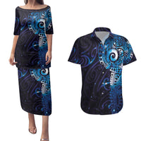Matariki New Zealand Maori Koru Art Tattoo Couples Matching Puletasi and Hawaiian Shirt New Year Galaxy Blue Sky Style LT03 Blue - Polynesian Pride