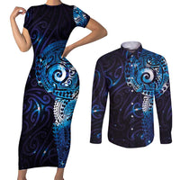 Matariki New Zealand Maori Koru Art Tattoo Couples Matching Short Sleeve Bodycon Dress and Long Sleeve Button Shirt New Year Galaxy Blue Sky Style LT03 Blue - Polynesian Pride