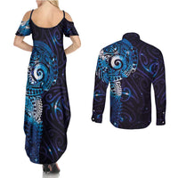 Matariki New Zealand Maori Koru Art Tattoo Couples Matching Summer Maxi Dress and Long Sleeve Button Shirt New Year Galaxy Blue Sky Style