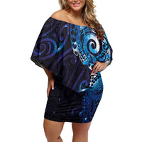 Matariki New Zealand Maori Koru Art Tattoo Family Matching Off Shoulder Short Dress and Hawaiian Shirt New Year Galaxy Blue Sky Style