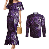 Matariki New Zealand Maori Koru Art Tattoo Couples Matching Mermaid Dress and Long Sleeve Button Shirt New Year Galaxy Purple Sky Style