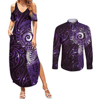 Matariki New Zealand Maori Koru Art Tattoo Couples Matching Summer Maxi Dress and Long Sleeve Button Shirt New Year Galaxy Purple Sky Style