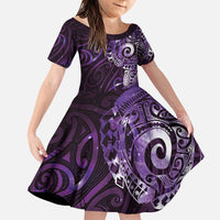 Matariki New Zealand Maori Koru Art Tattoo Family Matching Puletasi and Hawaiian Shirt New Year Galaxy Purple Sky Style LT03 Daughter's Dress Purple - Polynesian Pride