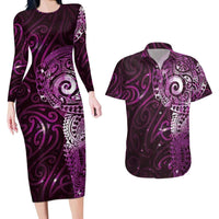 Matariki New Zealand Maori Koru Art Tattoo Couples Matching Long Sleeve Bodycon Dress and Hawaiian Shirt New Year Galaxy Pink Sky Style
