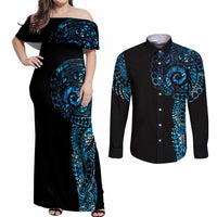 New Zealand Maori Koru Art Traditional Tattoo Couples Matching Off Shoulder Maxi Dress and Long Sleeve Button Shirt Paua Shell LT03 Black - Polynesian Pride