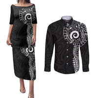 New Zealand Maori Koru Art Traditional Tattoo Couples Matching Puletasi and Long Sleeve Button Shirt Simple Style LT03 Black - Polynesian Pride