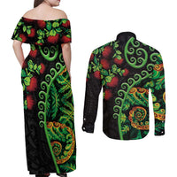 New Zealand Koru Plants and Pohutukawa Couples Matching Off Shoulder Maxi Dress and Long Sleeve Button Shirt Maori Tattoo Pattern LT03 - Polynesian Pride
