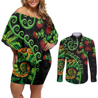 New Zealand Koru Plants and Pohutukawa Couples Matching Off Shoulder Short Dress and Long Sleeve Button Shirt Maori Tattoo Pattern LT03 Black - Polynesian Pride