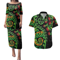 New Zealand Koru Plants and Pohutukawa Couples Matching Puletasi and Hawaiian Shirt Maori Tattoo Pattern LT03 Black - Polynesian Pride