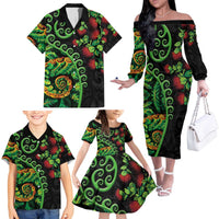 New Zealand Koru Plants and Pohutukawa Family Matching Off The Shoulder Long Sleeve Dress and Hawaiian Shirt Maori Tattoo Pattern