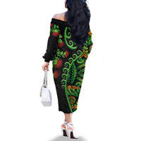 New Zealand Koru Plants and Pohutukawa Family Matching Off The Shoulder Long Sleeve Dress and Hawaiian Shirt Maori Tattoo Pattern