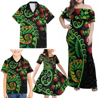 New Zealand Koru Plants and Pohutukawa Family Matching Off Shoulder Maxi Dress and Hawaiian Shirt Maori Tattoo Pattern