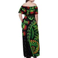 New Zealand Koru Plants and Pohutukawa Family Matching Off Shoulder Maxi Dress and Hawaiian Shirt Maori Tattoo Pattern
