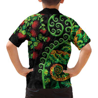 New Zealand Koru Plants and Pohutukawa Family Matching Off Shoulder Short Dress and Hawaiian Shirt Maori Tattoo Pattern