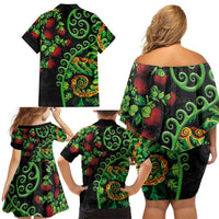 New Zealand Koru Plants and Pohutukawa Family Matching Off Shoulder Short Dress and Hawaiian Shirt Maori Tattoo Pattern
